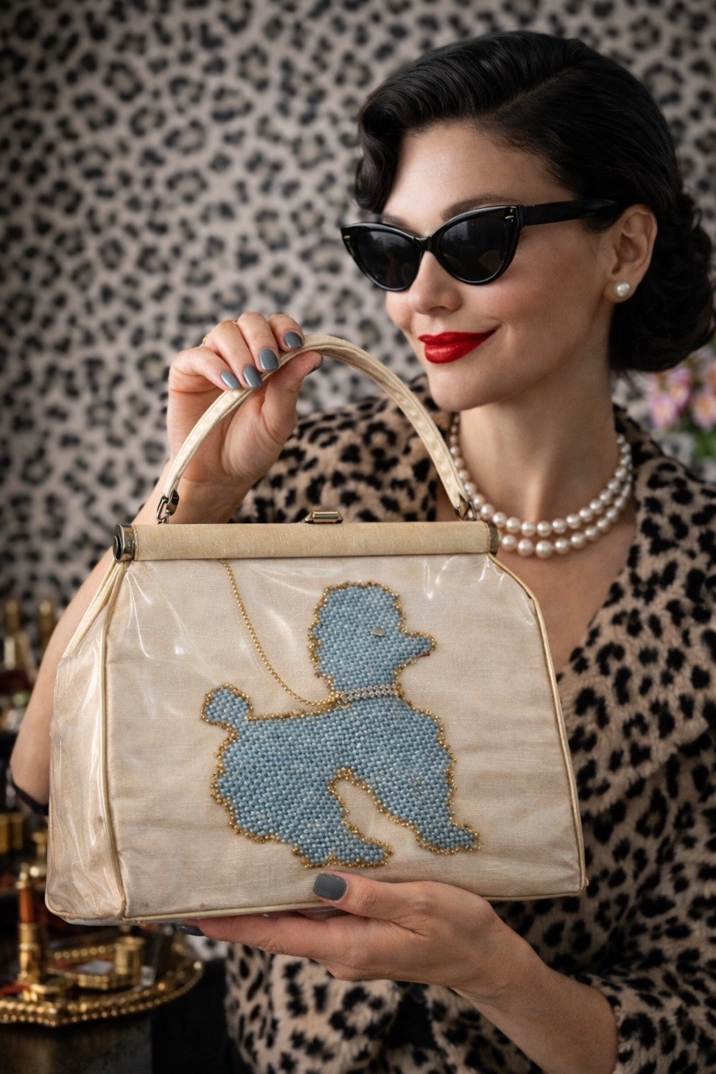 1950s Lucite Clear Plastic Poodle Purse Blue Beaded Dog Handbag MCM kitch