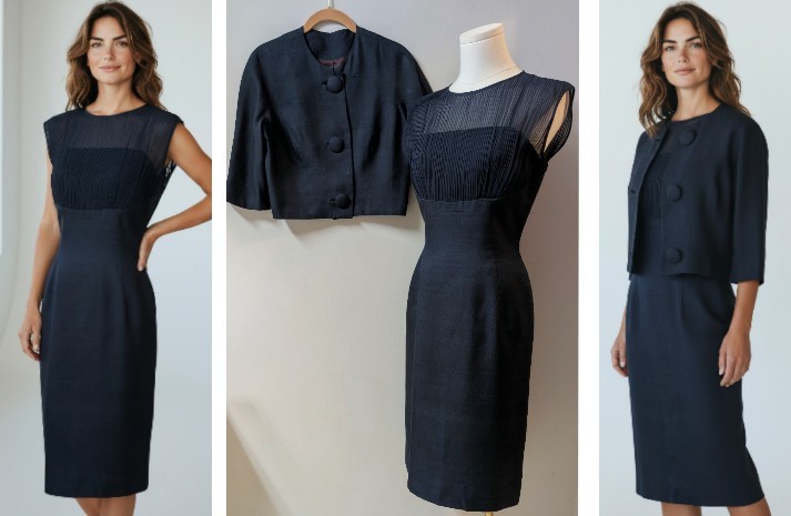 Vintage 60’s Black Illusion Bombshell Audrey Style Dress & Cropped Jacket Set XS