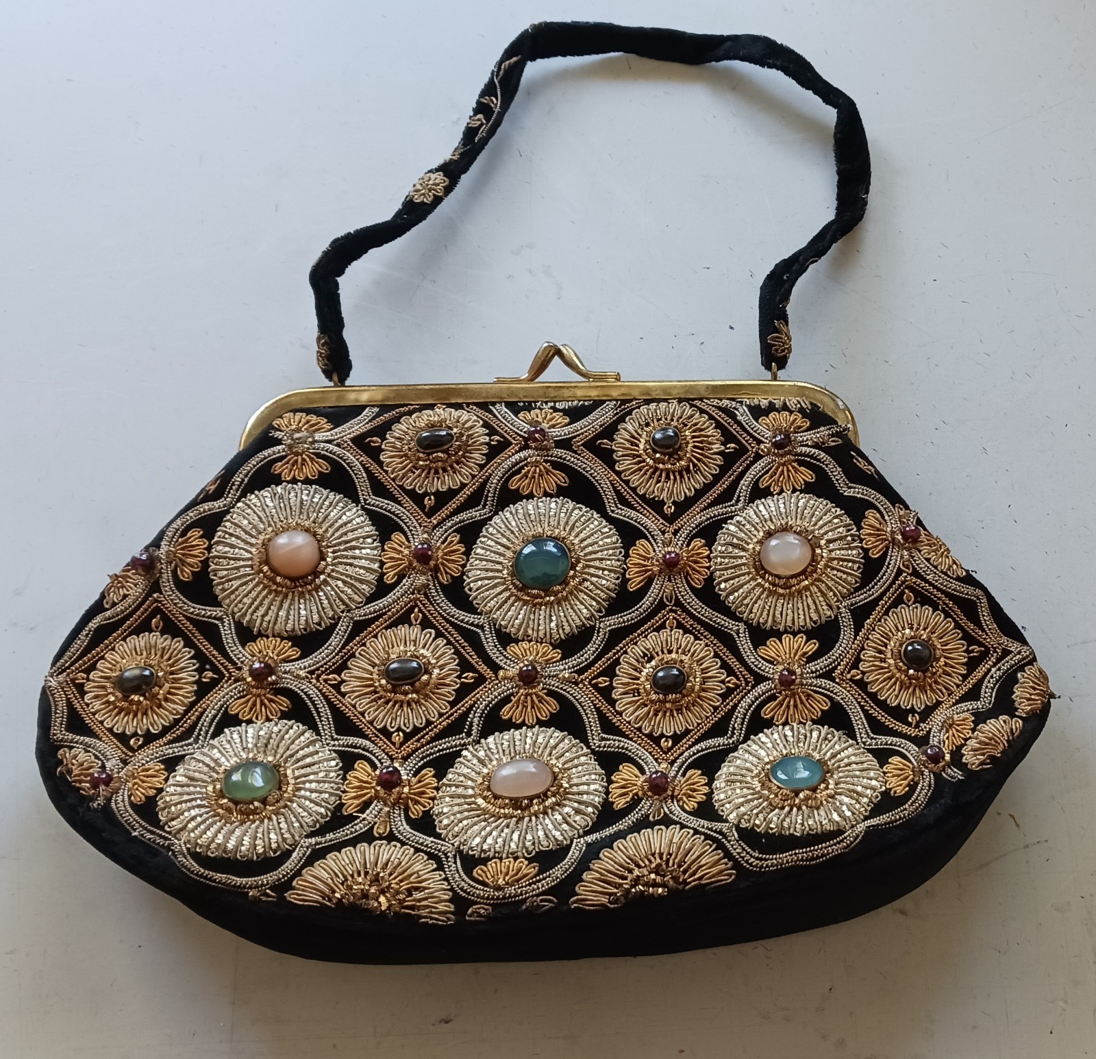 Vintage Black Velvet Beaded Multi Color stone Gold Embroidered Evening Purse