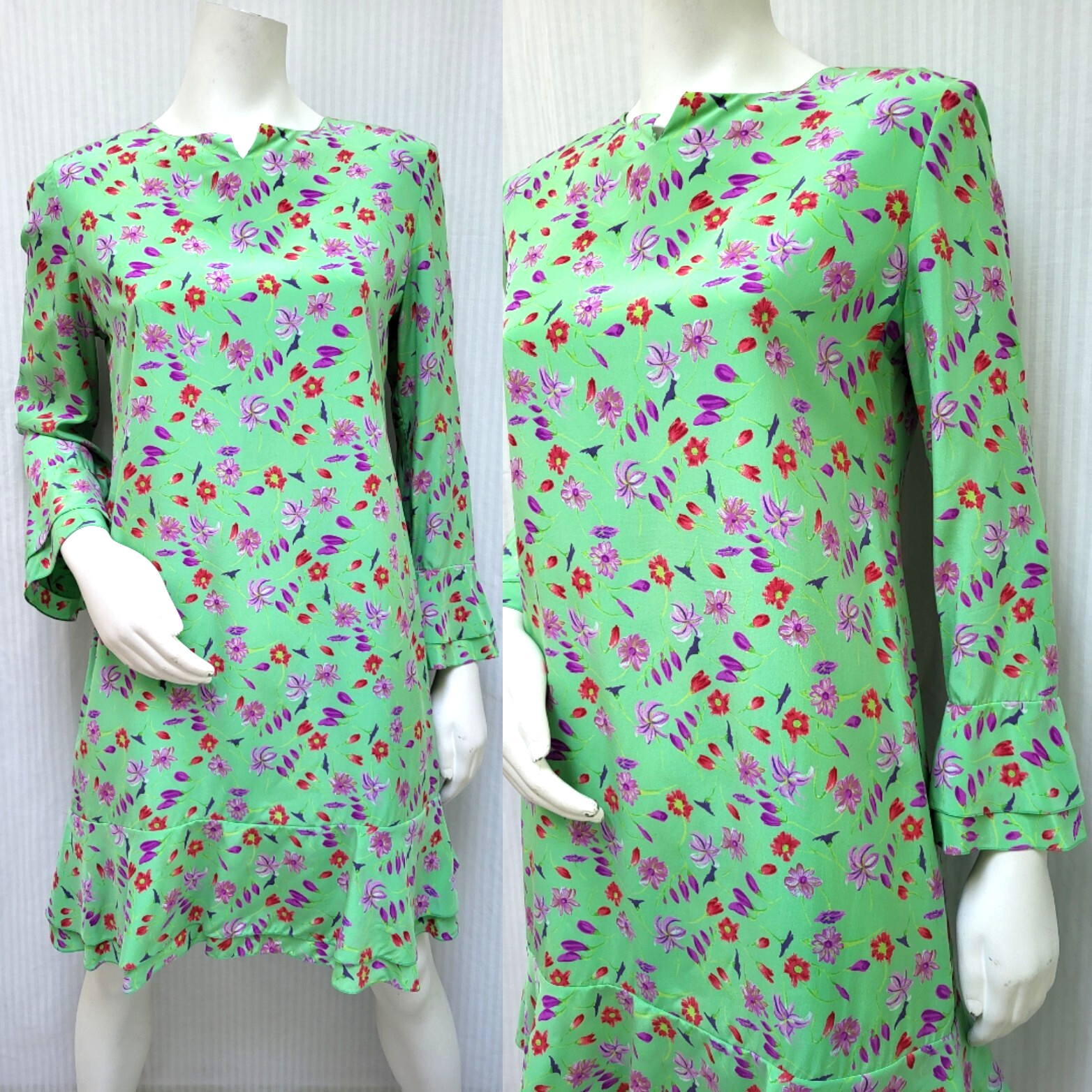 NWOT Vintage BILL BLASS Green Floral Silk Ruffle Trim Dress SAKS FIFTH AVE – M