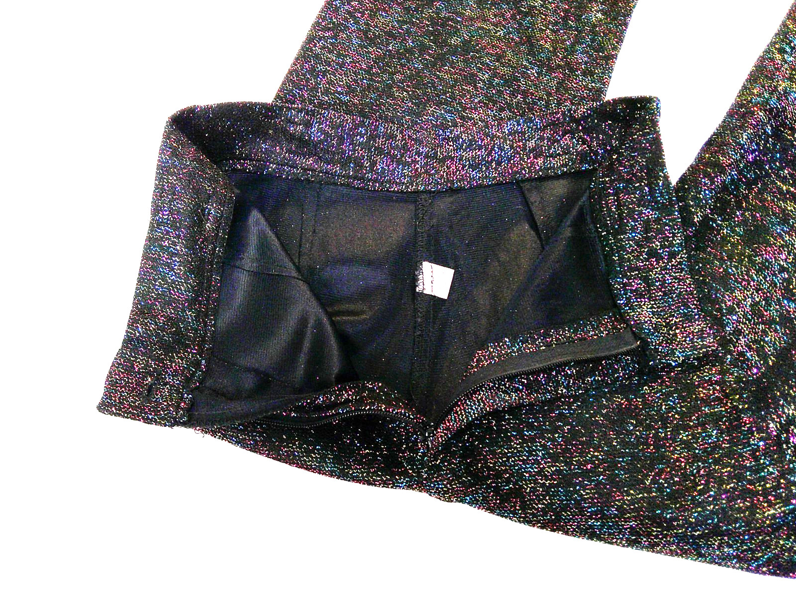 TRUE Vtg 70s GLITTER GLAM ROCK Black & Rainbow Color LUREX Flare Bell Pants XXS