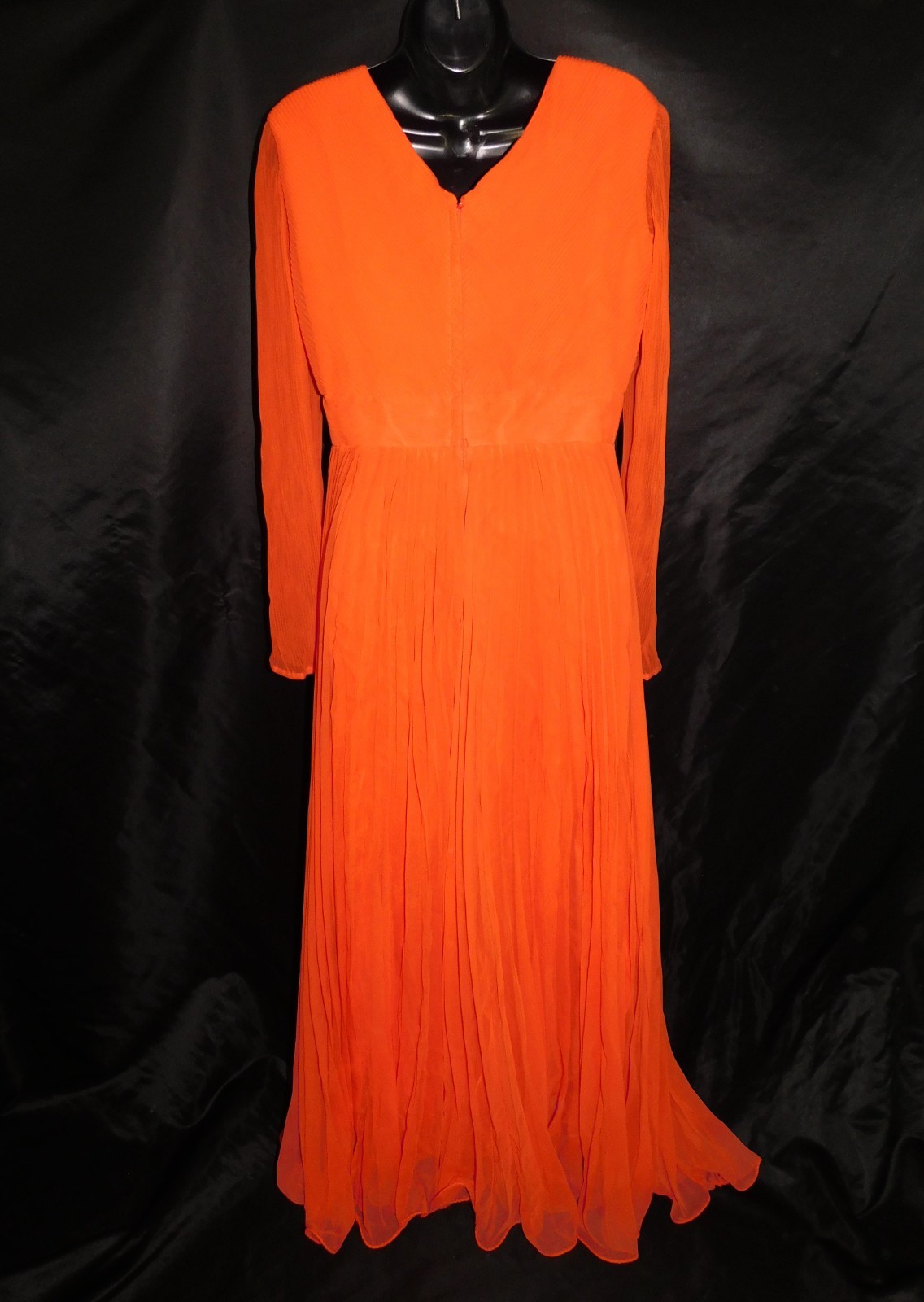 Vintage 60s Miss Elliette S Orange Pleated Maxi Dress Empire Rosette Sheer Sleev