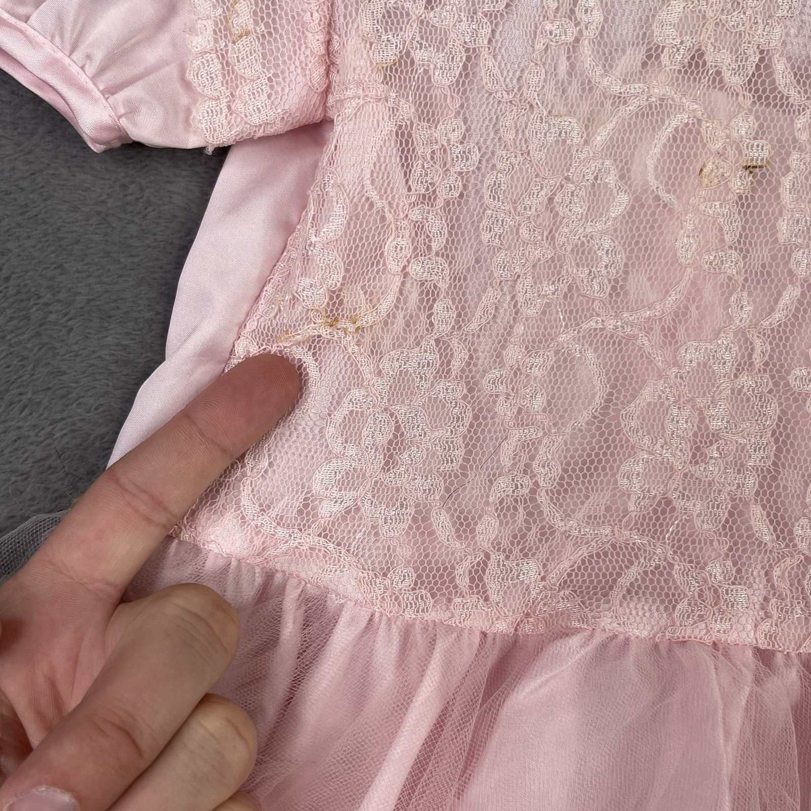 Vintage Baby Sheer Dress Girls 3T Pink Floral White Lace Bow Ribbon Party 70s
