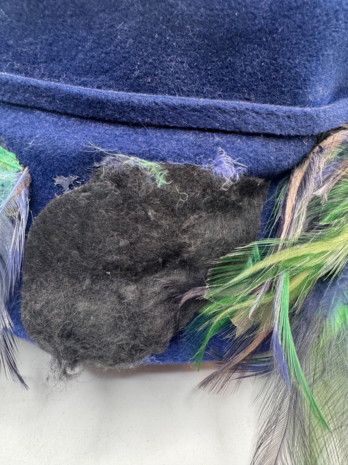 Vtg Blue Velvet Peacock Feather Hat Riviera Italy NY Herbert Bernard 22.5″ GUC