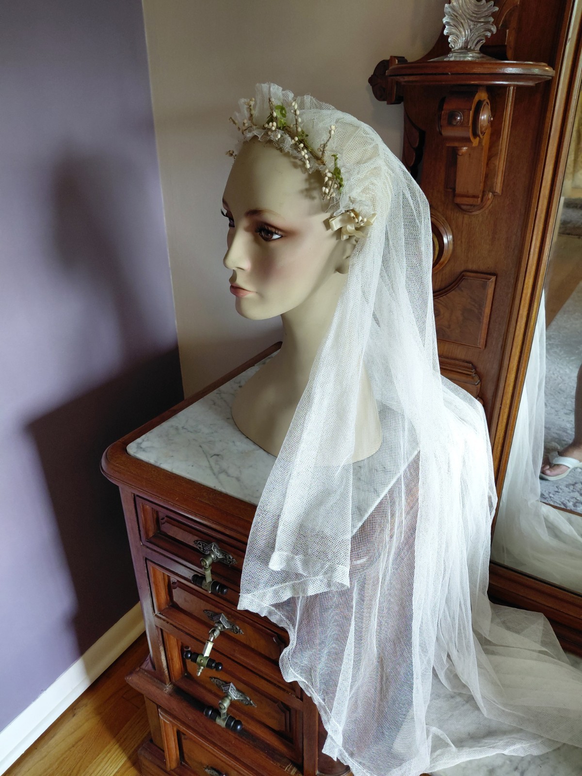 Antique Vintage 1920’s Wedding Bridal Veil Wax Orange Blossom Buds Peach Ribbons