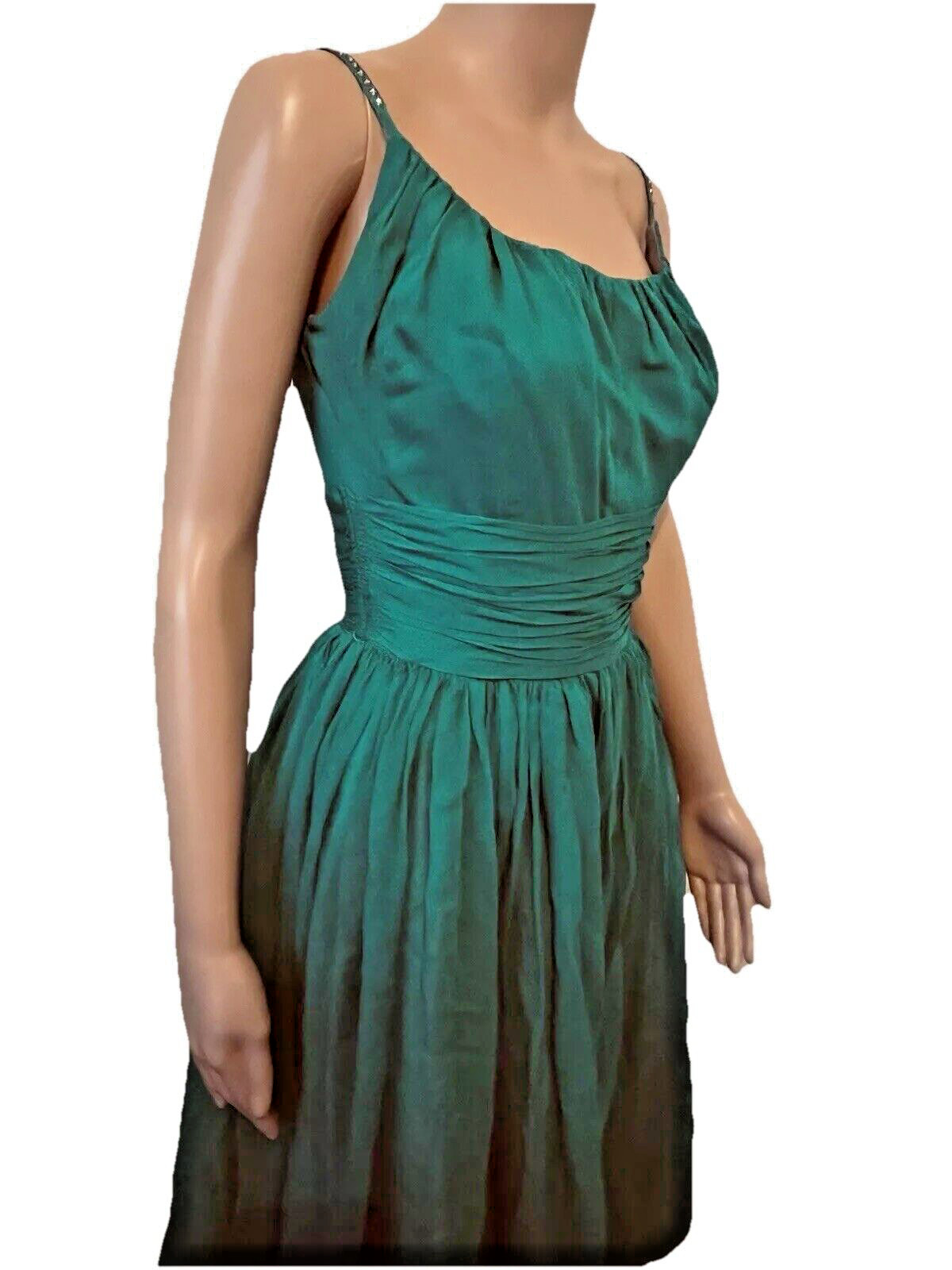 VTG 50s Emerald Green Cocktail Dress Bains Las Vegas Rhinestone Spaghetti Straps