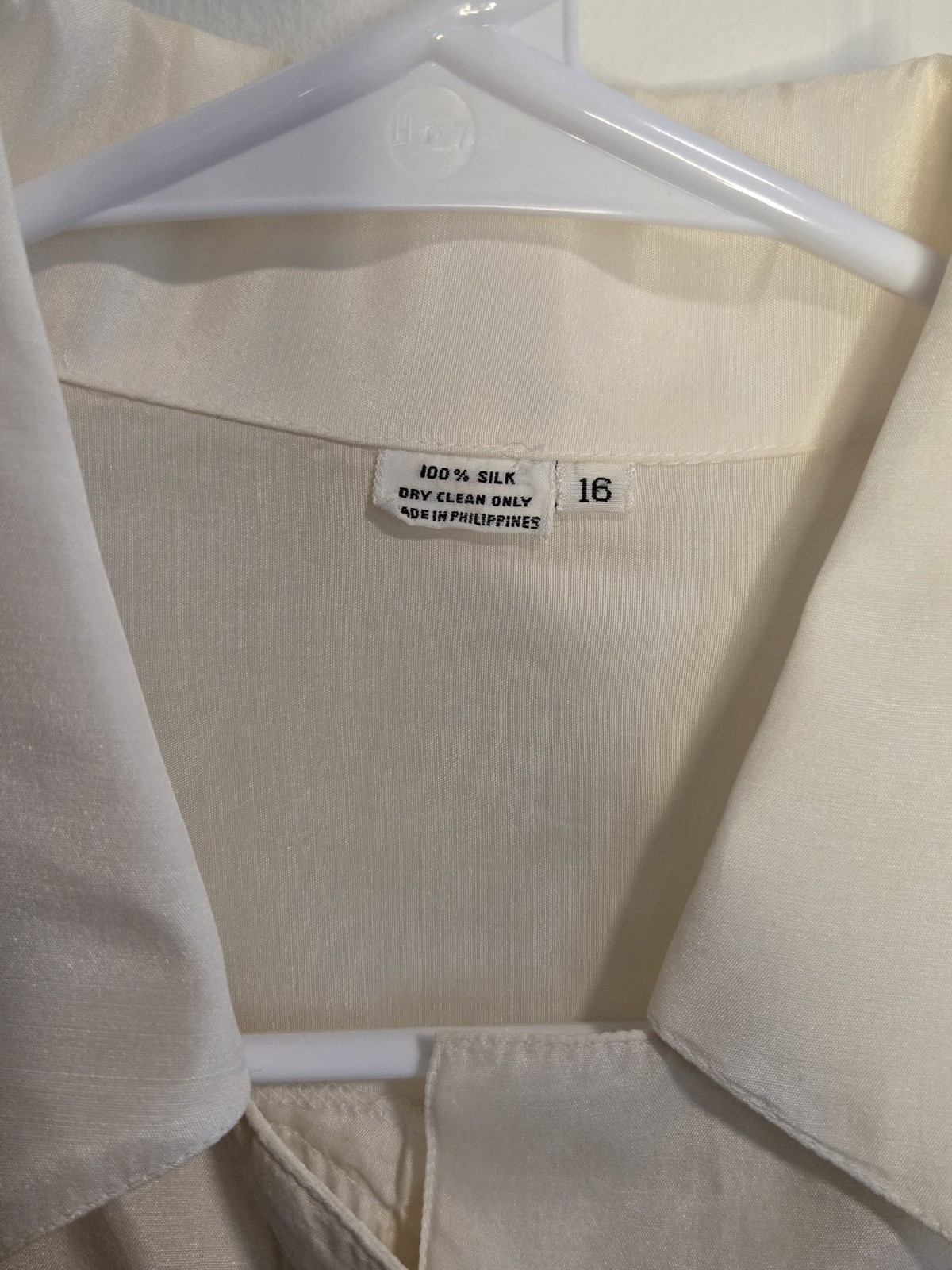 Vintage 100% Silk Blouse Sz 16 White Button Up W/ Pocket Made In The Philippines