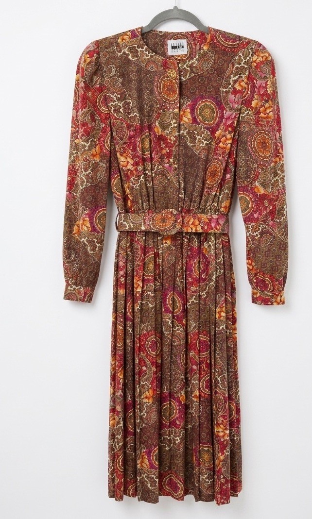 Vintage 80s Leslie Fay Petite Paisley Midi Dress W/Belt Statement Button 8Petite