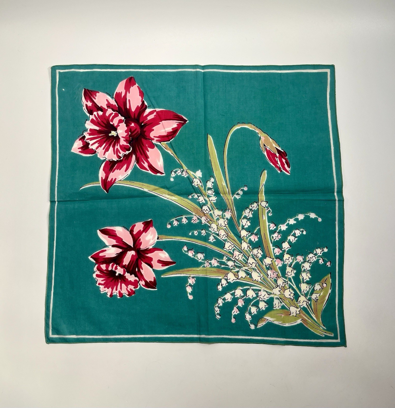 Vtg Daffodil Lily of the Valley Cotton Hankie Handkerchief Floral Pocket Square