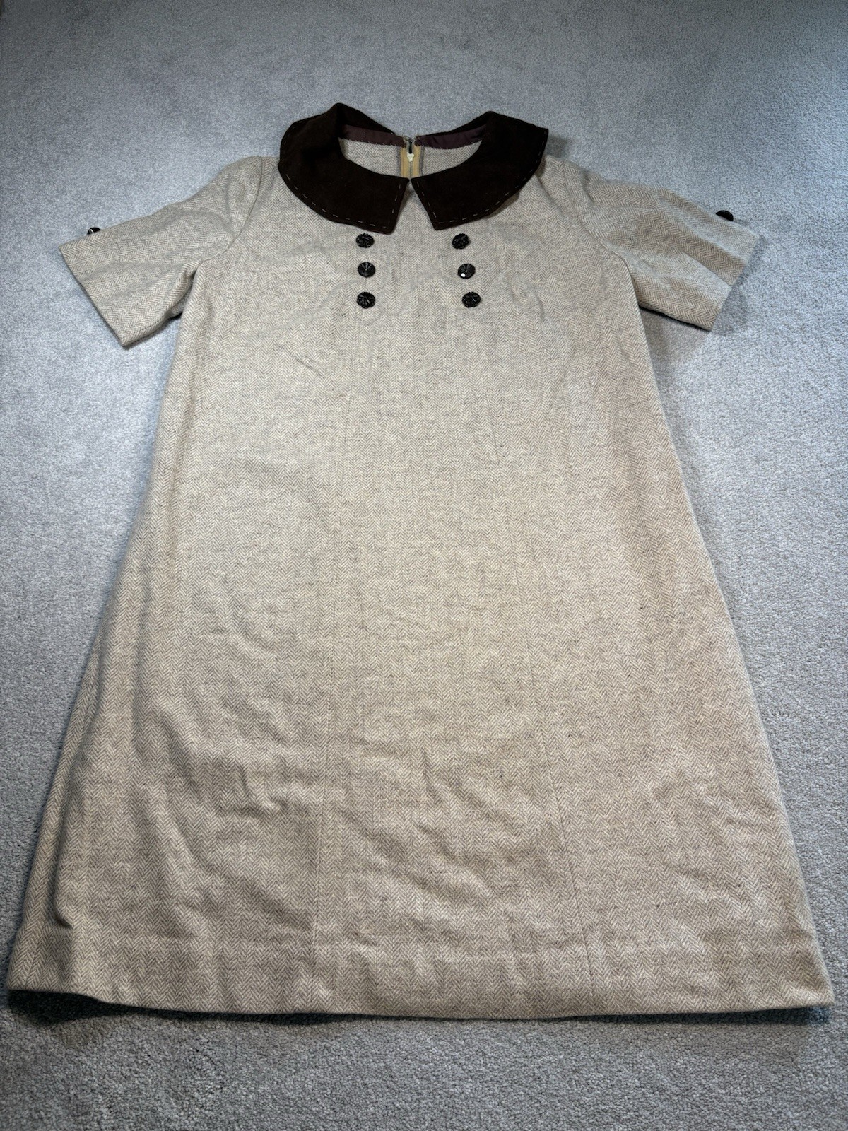 1950s Wool Shift Dress Herringbone Handmade Collared Short Sleeve Women’s L/ XL