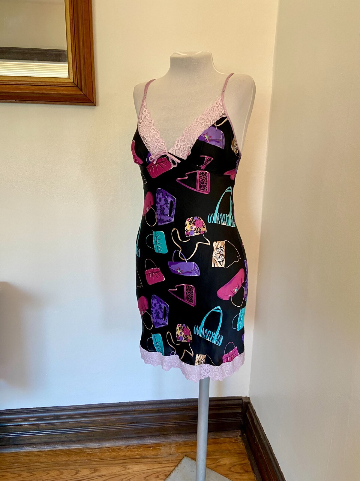 VTG Nicole Miller 2000 100% Silk Slip Dress Bag Purse Print Animal Lace RARE Pur