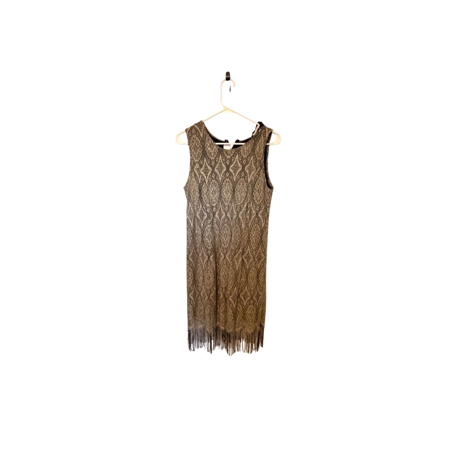 Vintage Gold Lace Fringe Flapper Dress Sleeveless Metallic Cocktail Shift
