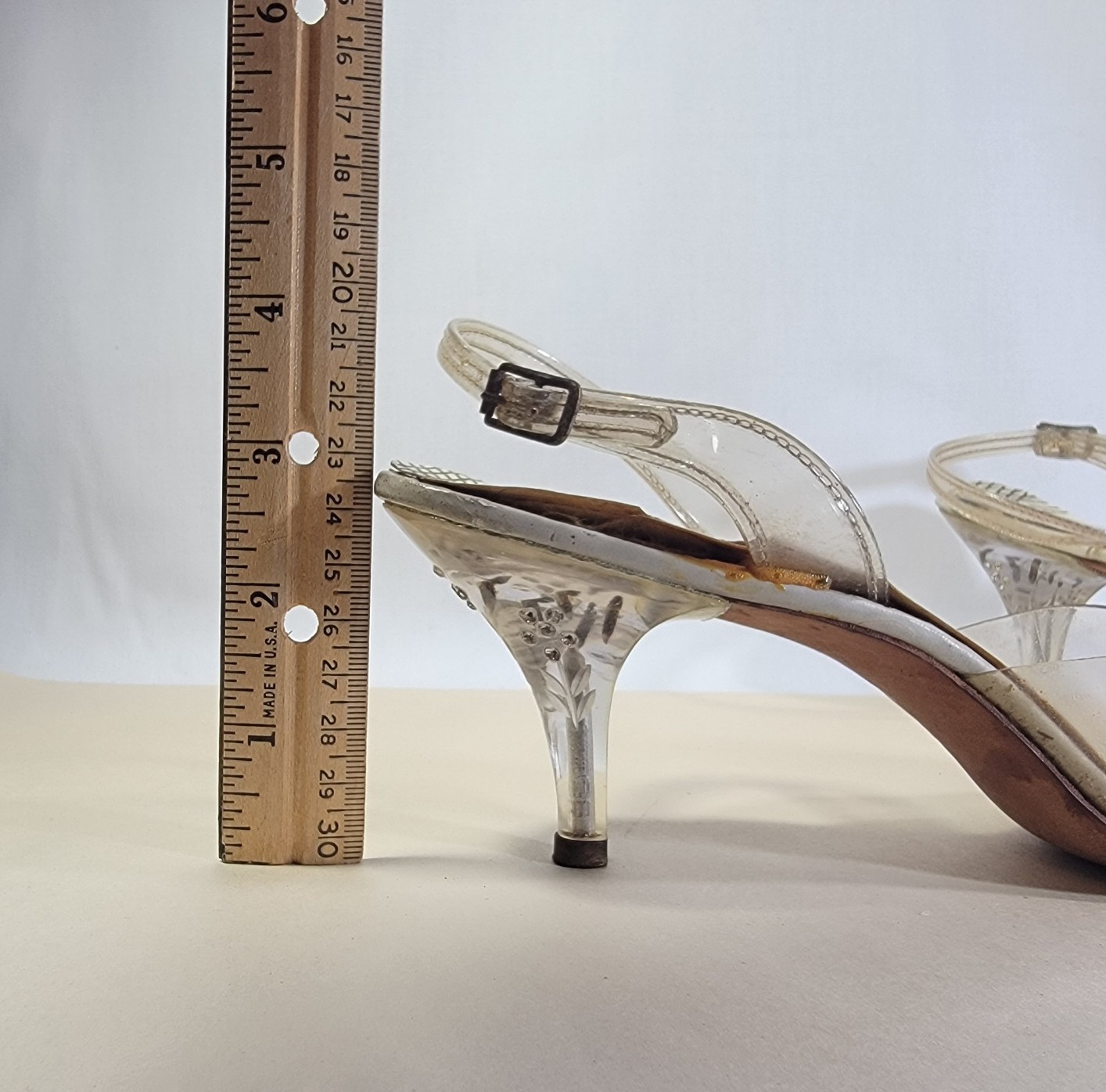 Vtg 1950s Carved Lucite & Rhinestone Heels on Clear Lloyd/Haig Shoes Sandals Sz6
