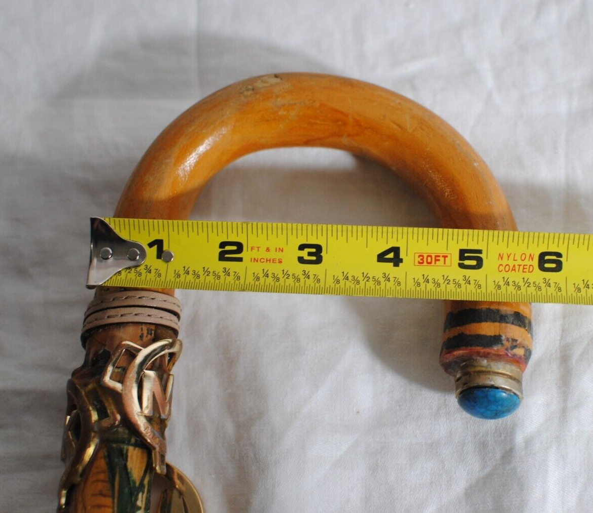 Vintage 37 in Hand Carved Wood Hook Handle Colorful with Michael Kors Charm Cane