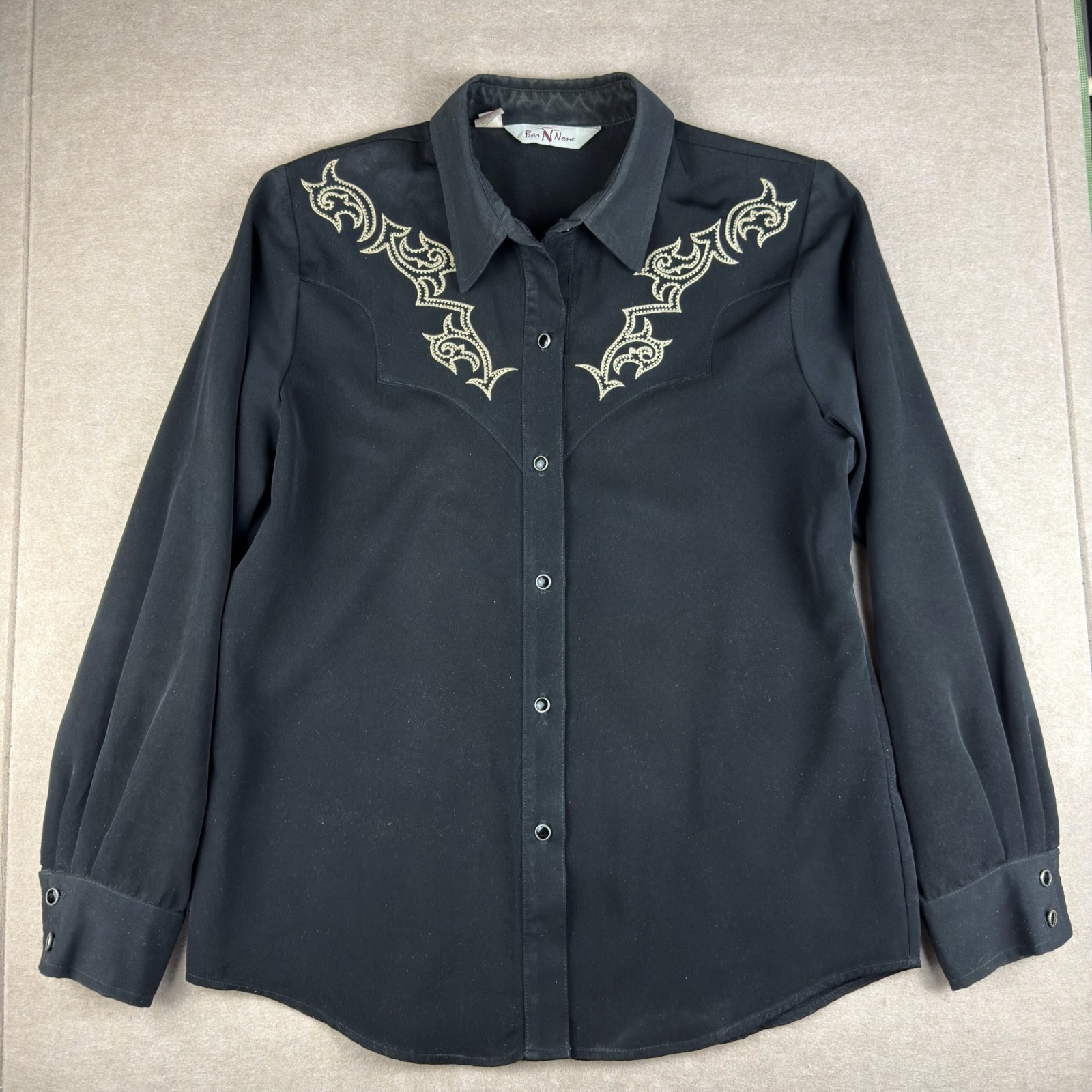Vintage Bar N None Womens Black Western Shirt L Gold Embroidered USA Made
