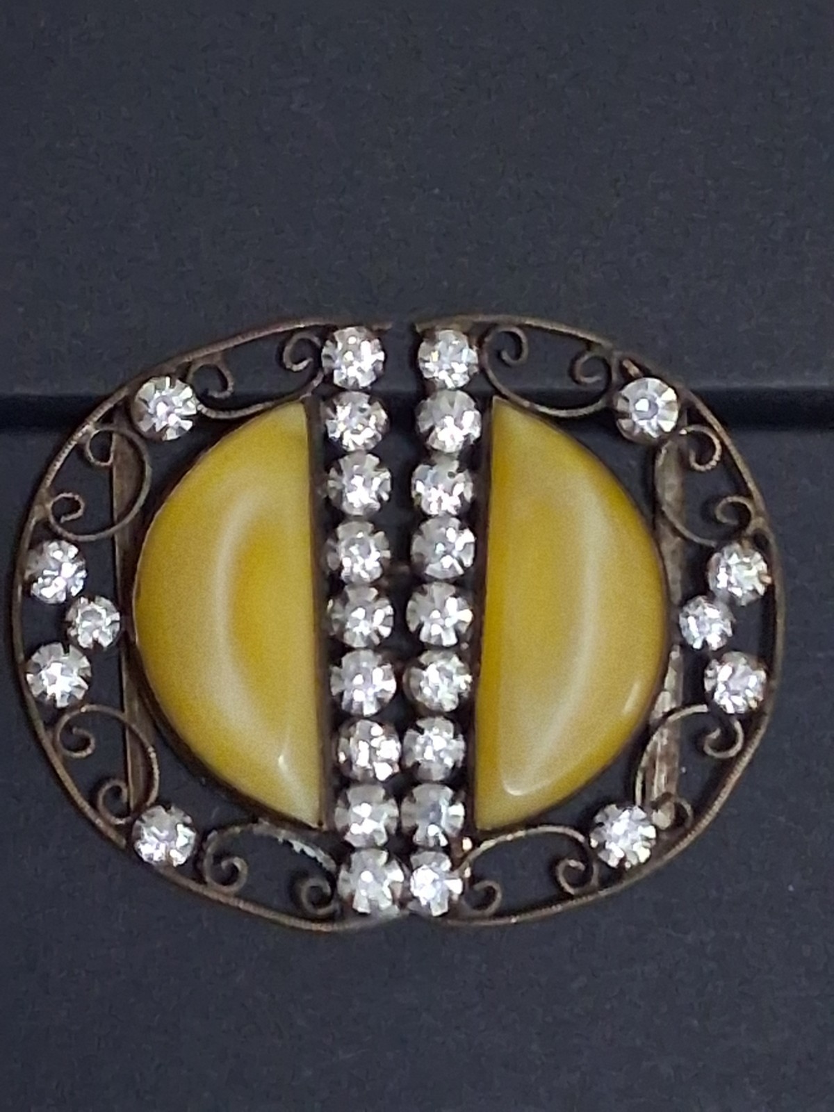 Antique Czechoslovakia belt buckle, yellow bohemian glass & crystals, filigree