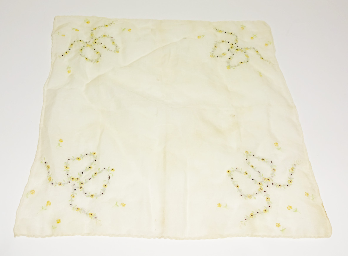 VINTAGE Antique Cloth Fabric FLORAL HANDKERCHIEF Napkin with Flowers and Ribbons