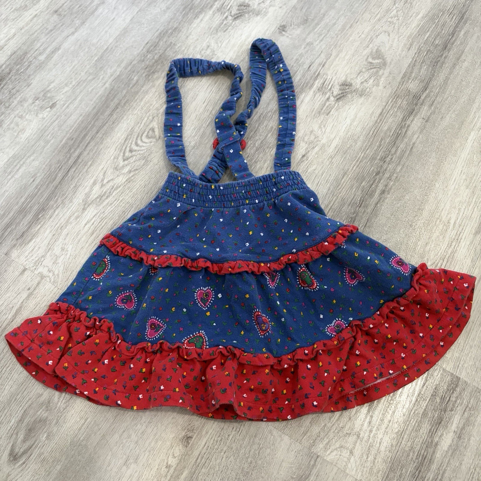 VTG Gymboree girls Overall Skirt pinafore dress red ruffle heart Rainbow Tag 3/4