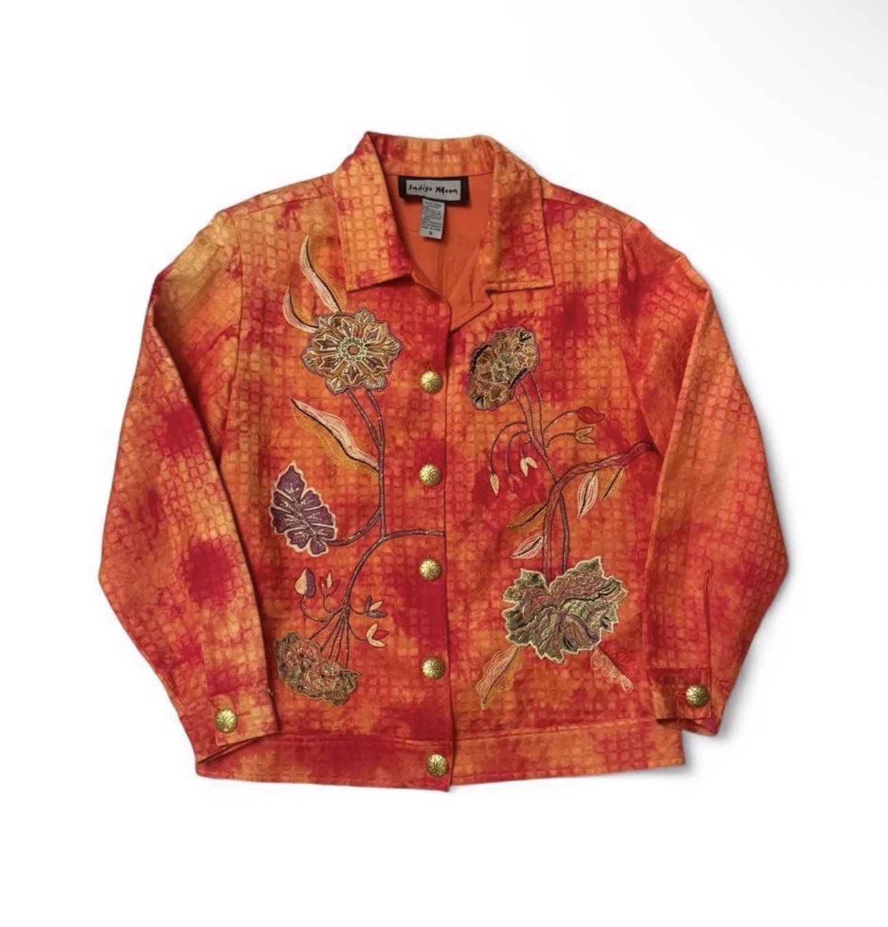 Vintage Índigo Moon Orange Textured Embroidered Jacket Metallic Floral 90’s S