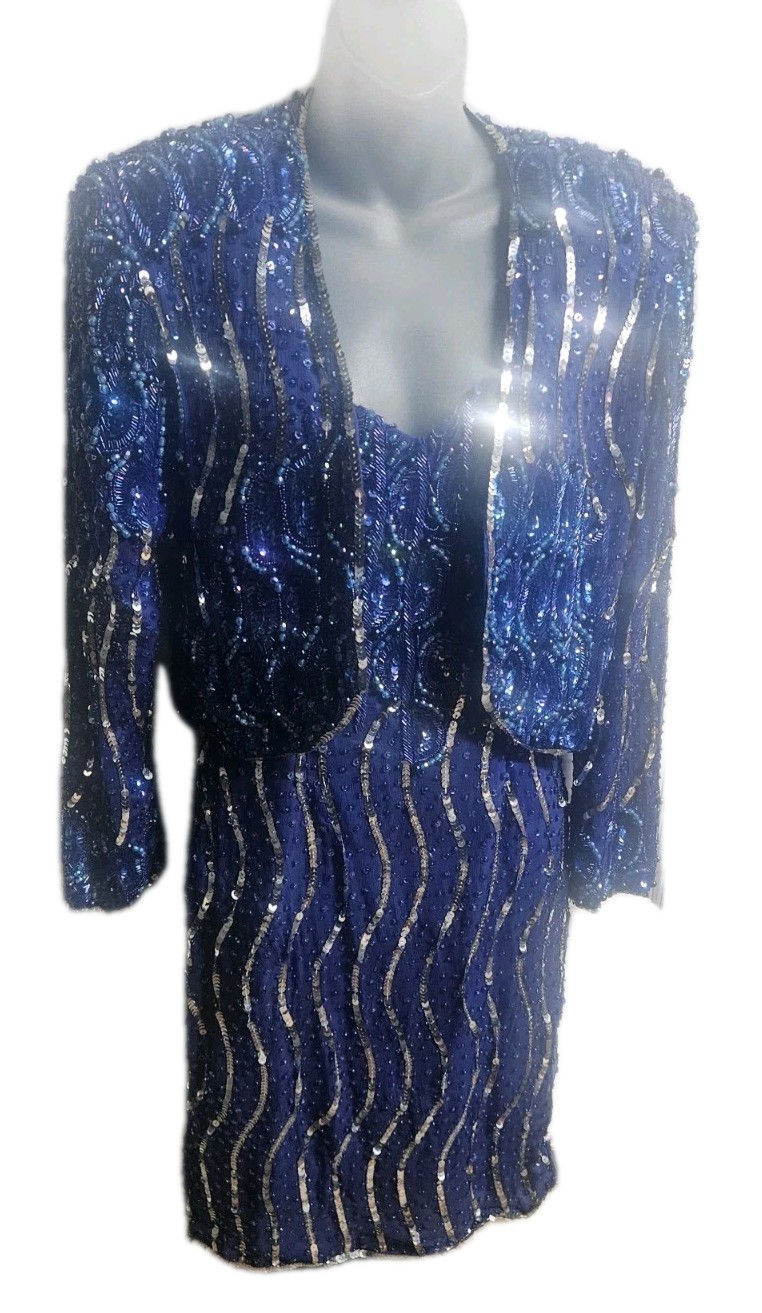 Vintage 80s Jagswear Silk Sequined Beaded Blue 2 Piece Coat & Dress Sz Small