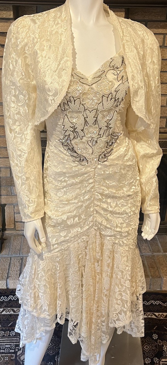 New Leaf Ivory Lace Beaded Vintage Jacket Dress Marked Size 12 Fits Like An 8