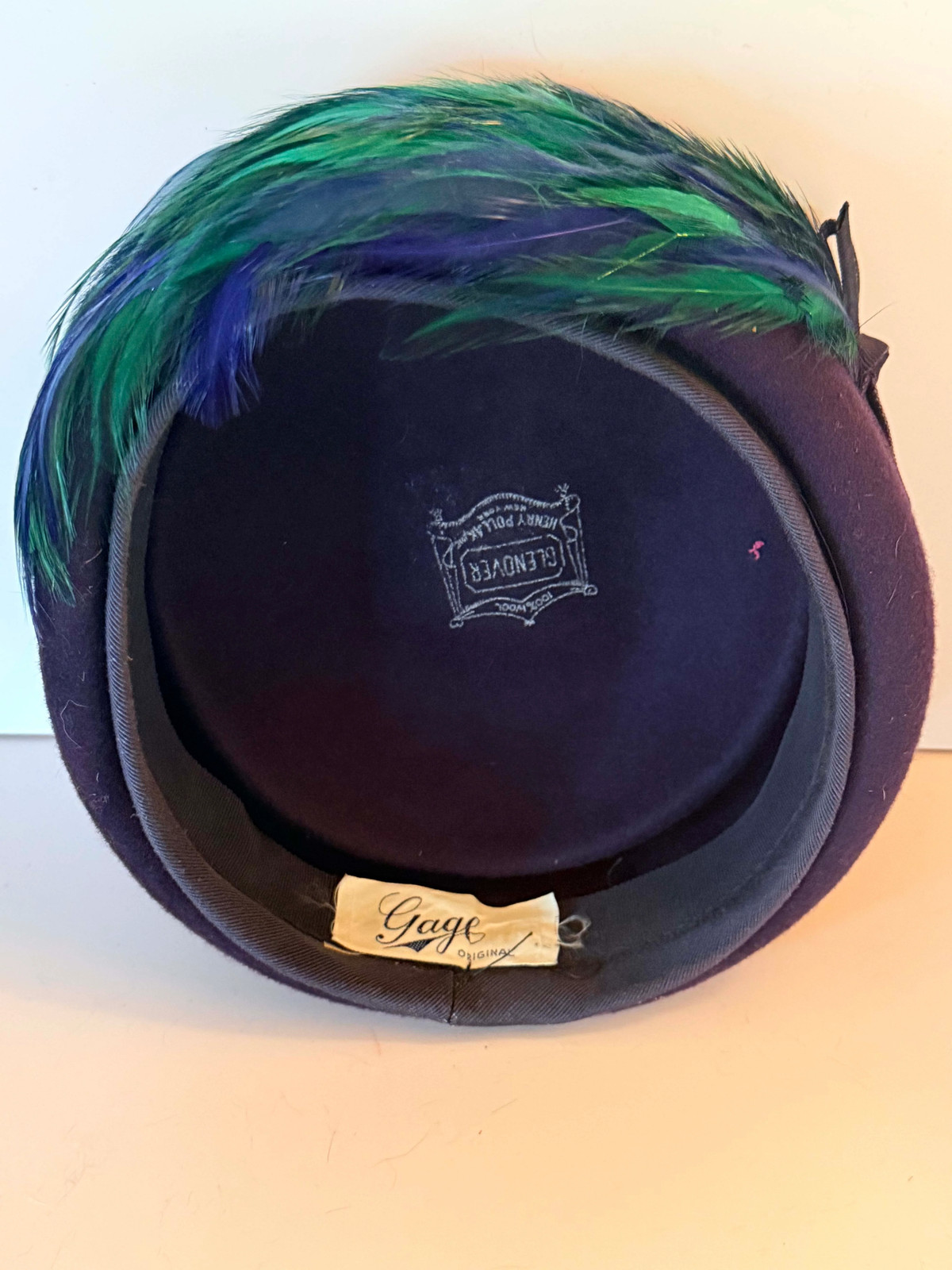 Vintage Gage Original Pillbox Hat 1950s Eggplant Wool Feather Cocktail Hat Blue