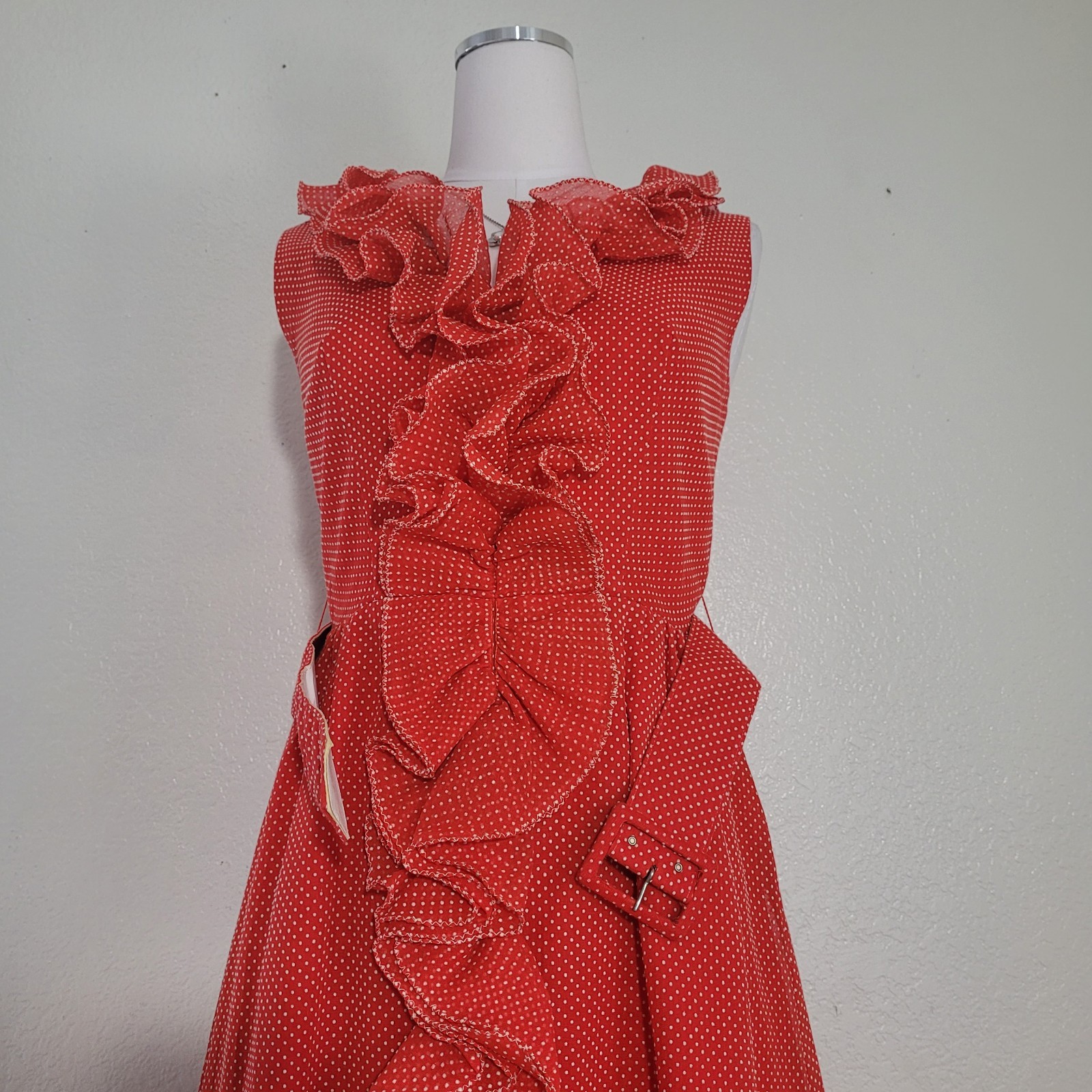 VTG RARE 1970s Miss Elliette Red White Polka Dot Ruffle Sleeveless Dress Size 9