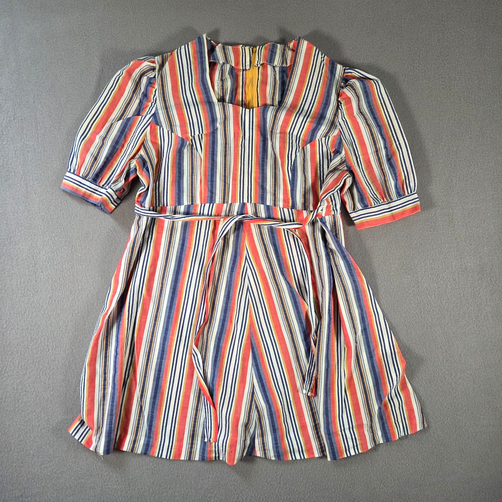 Vintage Mini Dress Womens Medium Striped Short Sleeve Belted Summer 70s 80s
