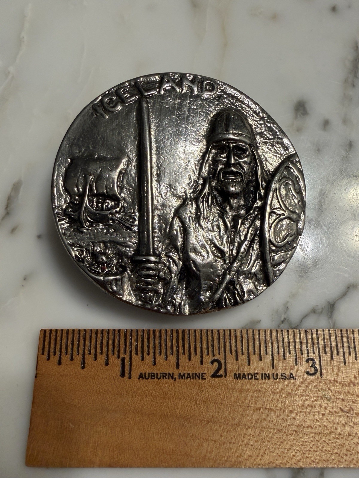 Iceland Viking Warrior Belt Buckle Silver Tone Norse Ship Shield Collectible