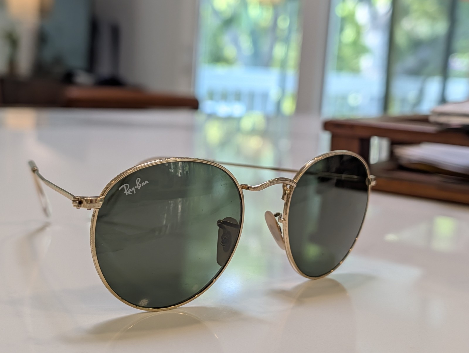 Ray-Ban Round Metal Sunglasses Gold Frame Green Lenses 50-21 145mm