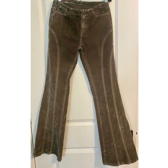 Baykan Denim Brown Velvet Flocked Flare Jeans Designer Sample One of a kind