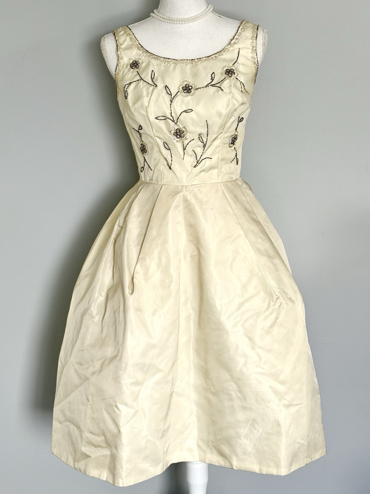 Vintage 1950s Bone Color Fit & Flair Beaded Dress X-SMALL