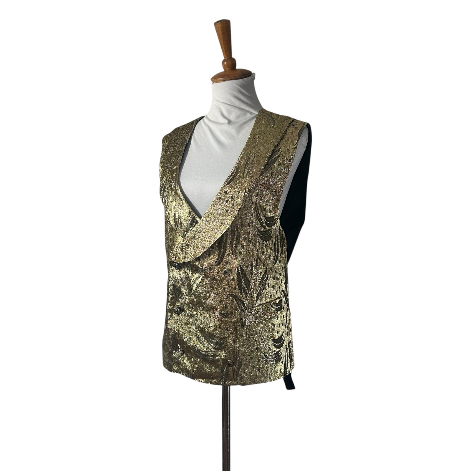 Vintage 80s Gold Metallic Lamé Brocade Custom Made Cocktail Vest L XL