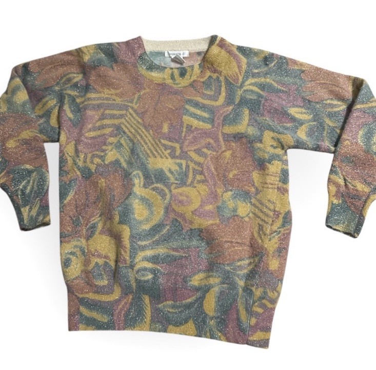 1980’s Vintage Pullover Sweater in Dusty Rose, Gold & Green, Lambswool Angora, S