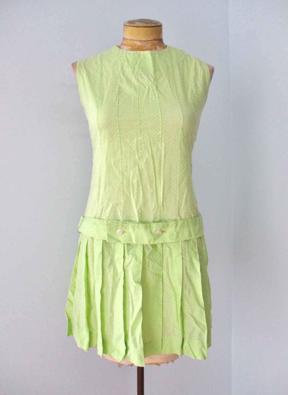 Vtg 60s 70s Donnkenny lime green Swiss dot drop waist scooter Gatsby dress XS/S
