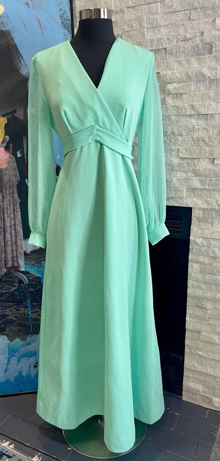 Vintage Green 1970s Hostess Dress Sheer Sleeve Belted Tie Maxi Special Occasion