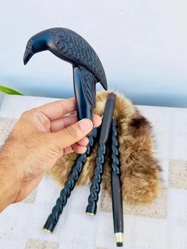 Antique Victorian Raven Handcrafted Wooden Walking Stick Gothic Crow Carved Cane