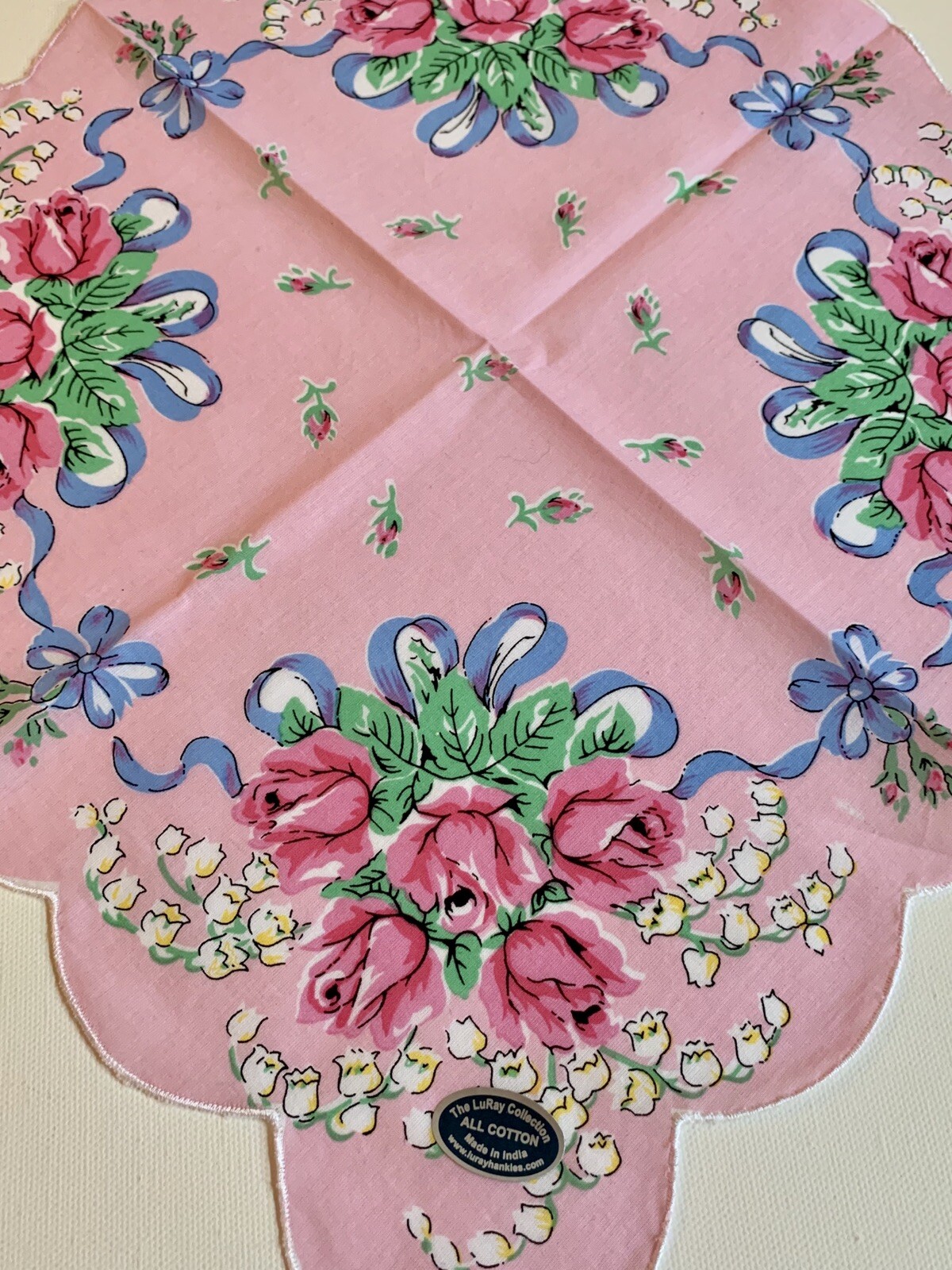 Beautiful New Pink Roses & Lily Of Valley Floral Handkerchief – LuRay Hankie!