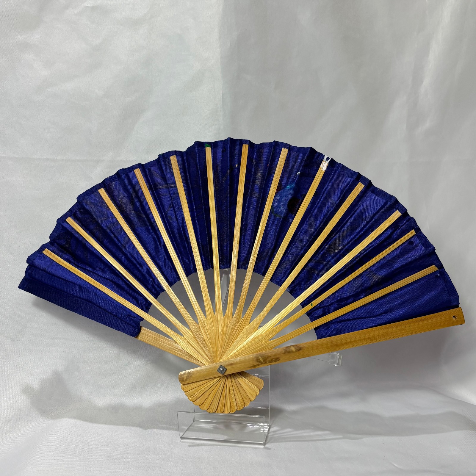 Blue Synthetic Folding Fan Hand Painted Gold Leaves & Bird Bamboo Thailand