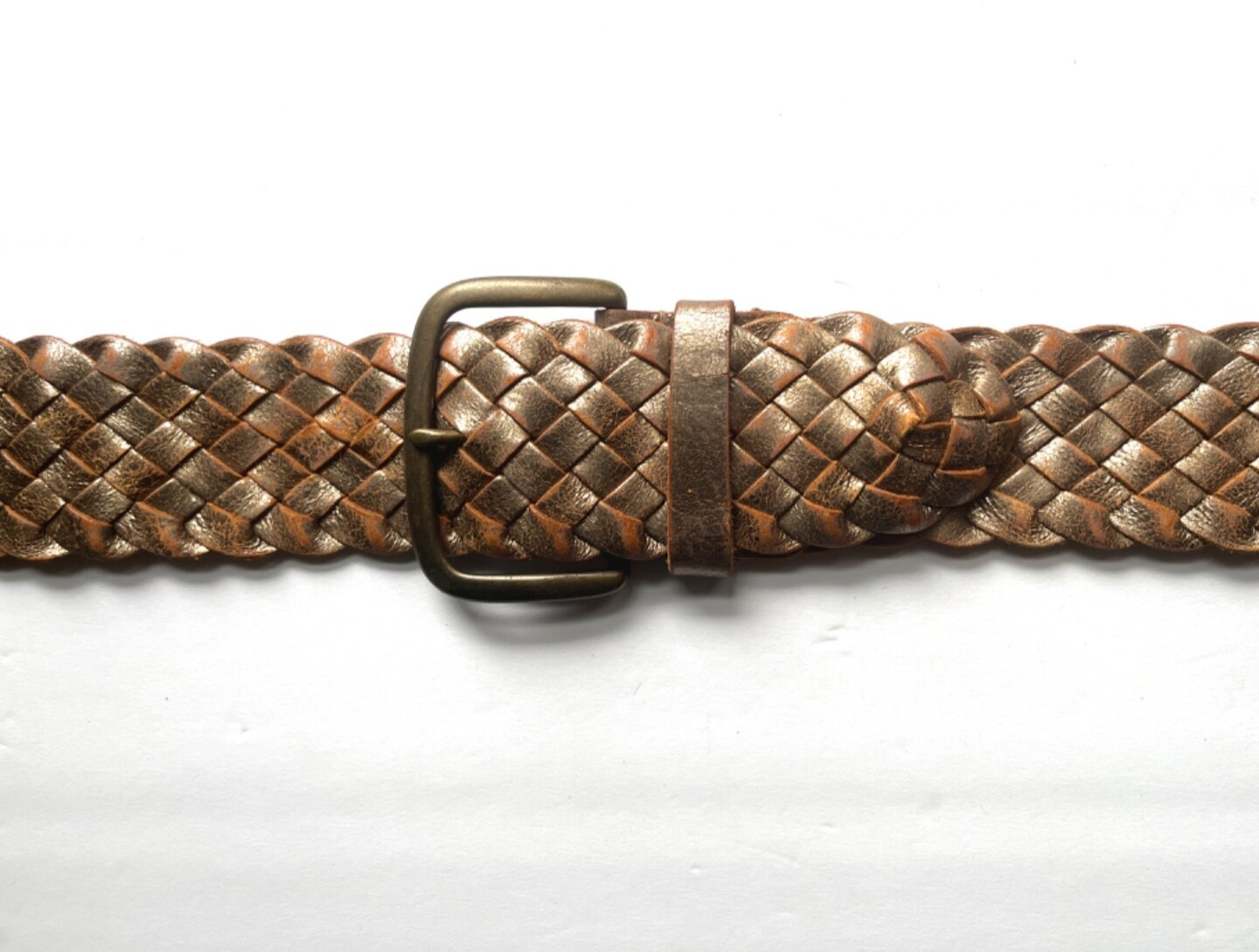 Vintage Wide 40in Gold Leather Belt Weathered Cowhide Braided Woven Boho Hippie