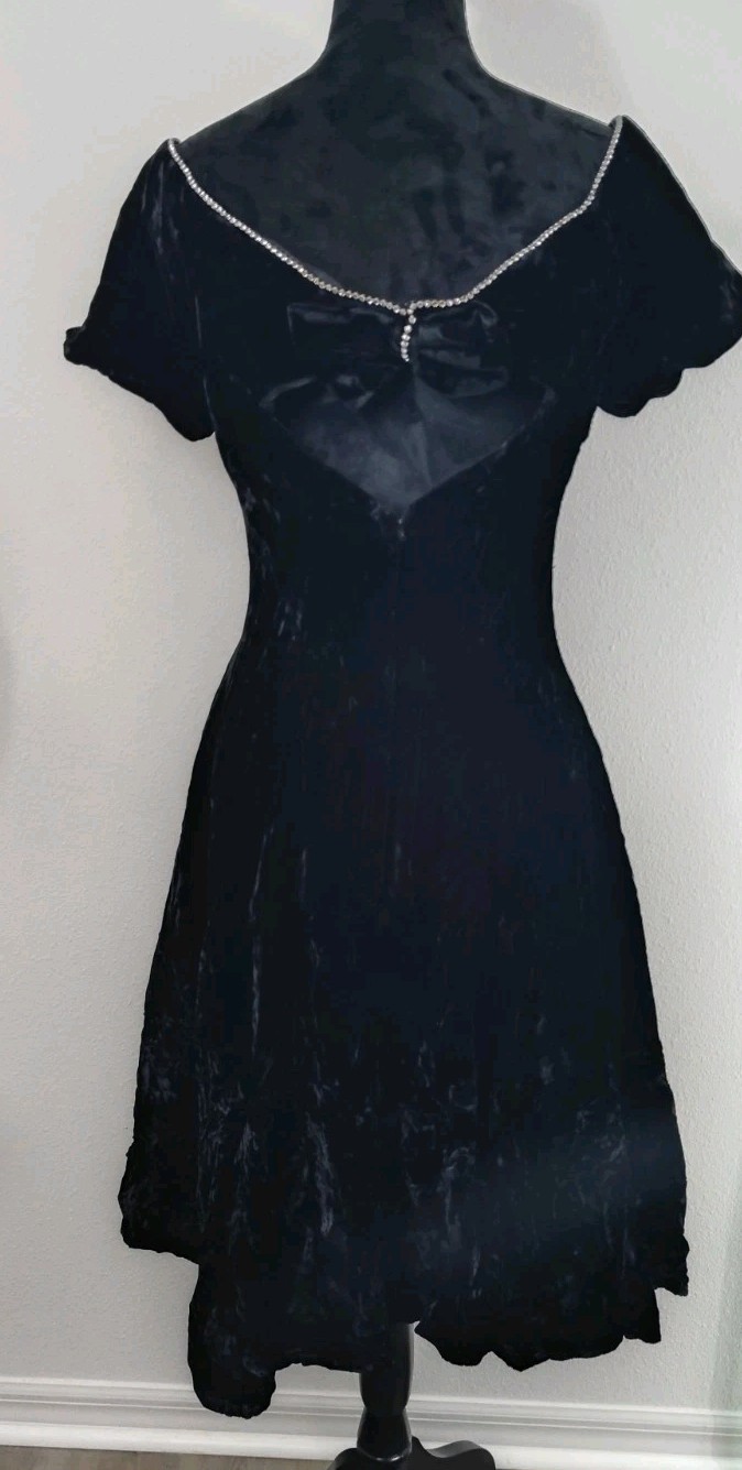 VTG 80s ZUM ZUM Black Rayon Velvet Dress Rhinestone Bow Low Back Crinoline Goth