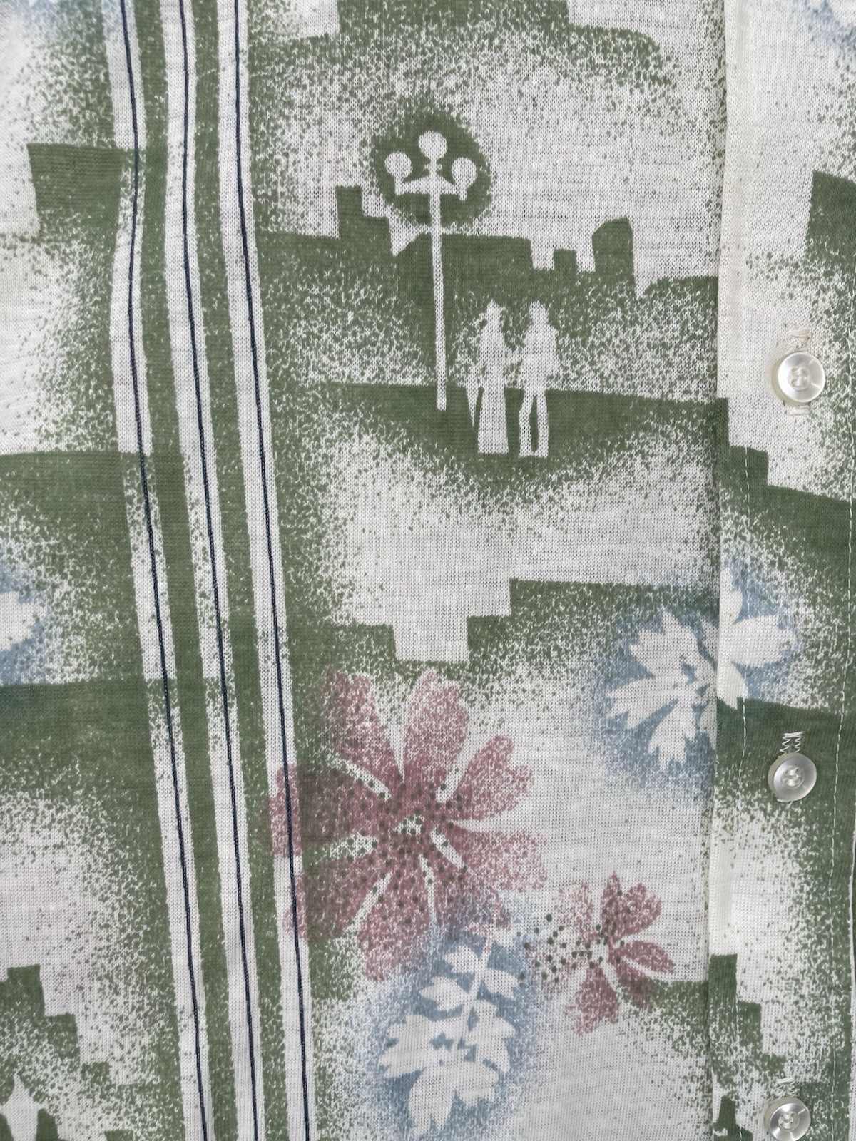 VTG 70s Mens Novelty Strolling Couple Floral Knit Hippie Mod Button Down Shirt