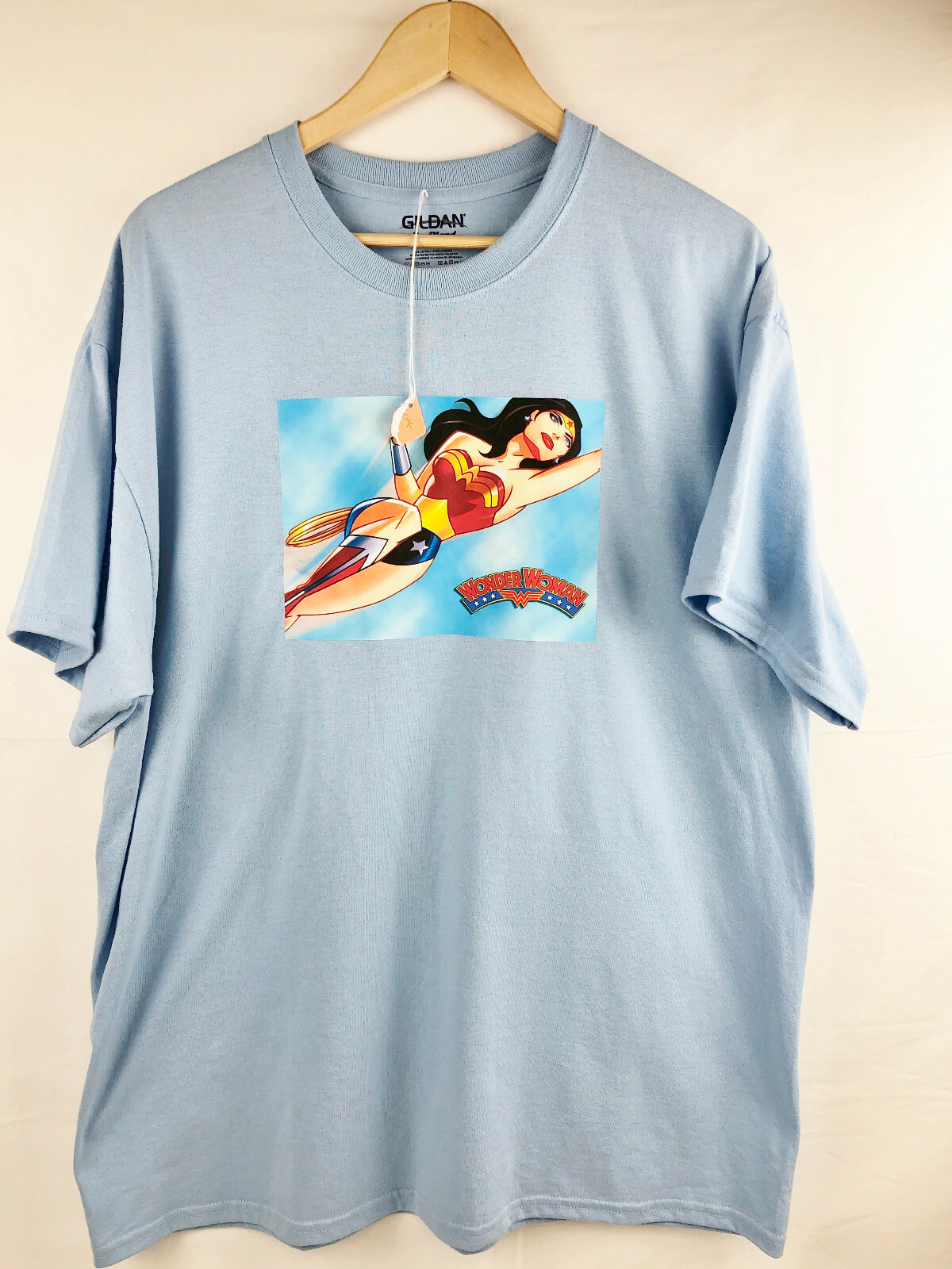 VINTAGE WONDER WOMAN IRON ON POWDER BLUE GILDAN XL T-SHIRT – BRAND NEW