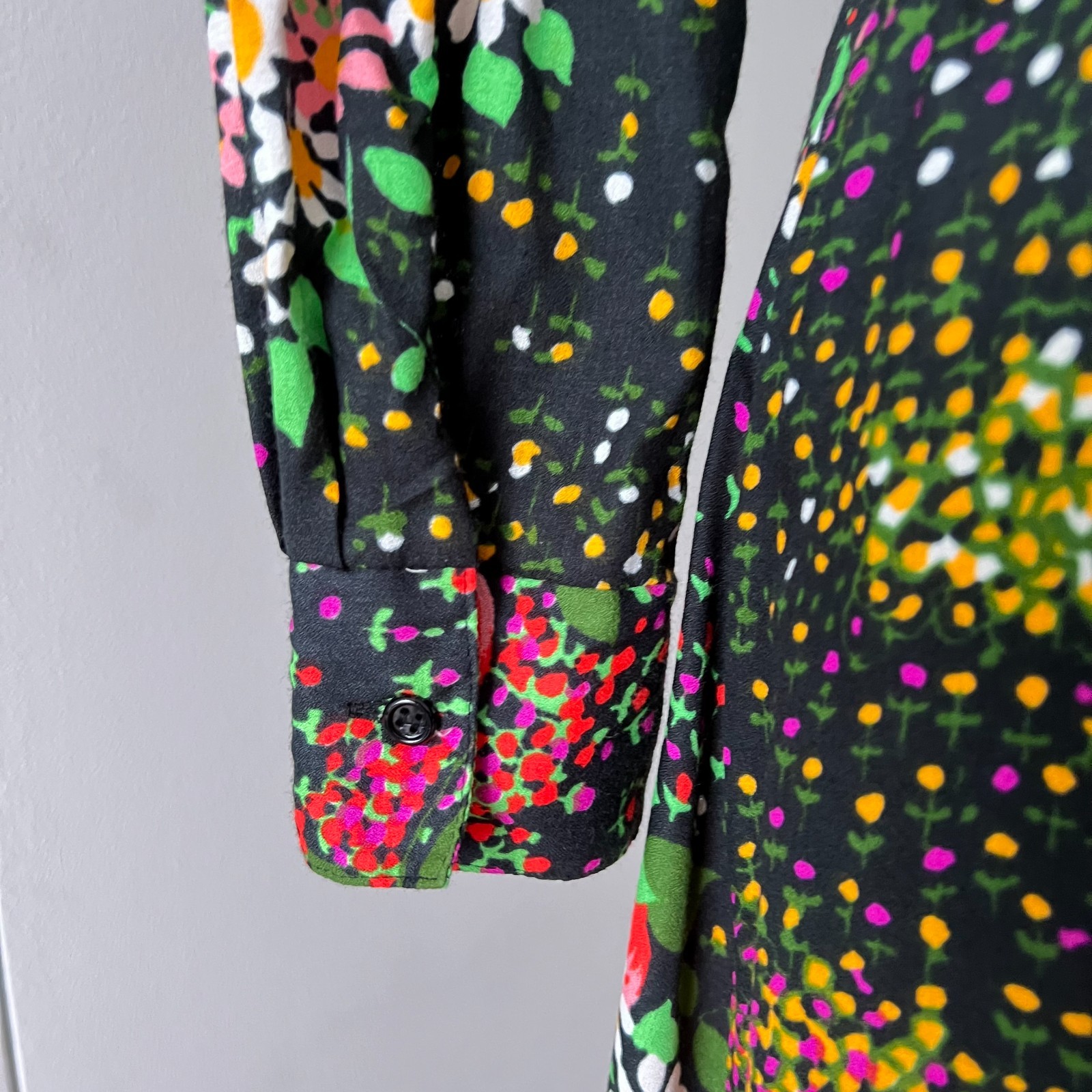 1970s Vintage Button Front Floral Maxi Dress Psychedelic Mod Long Sleeves Boho