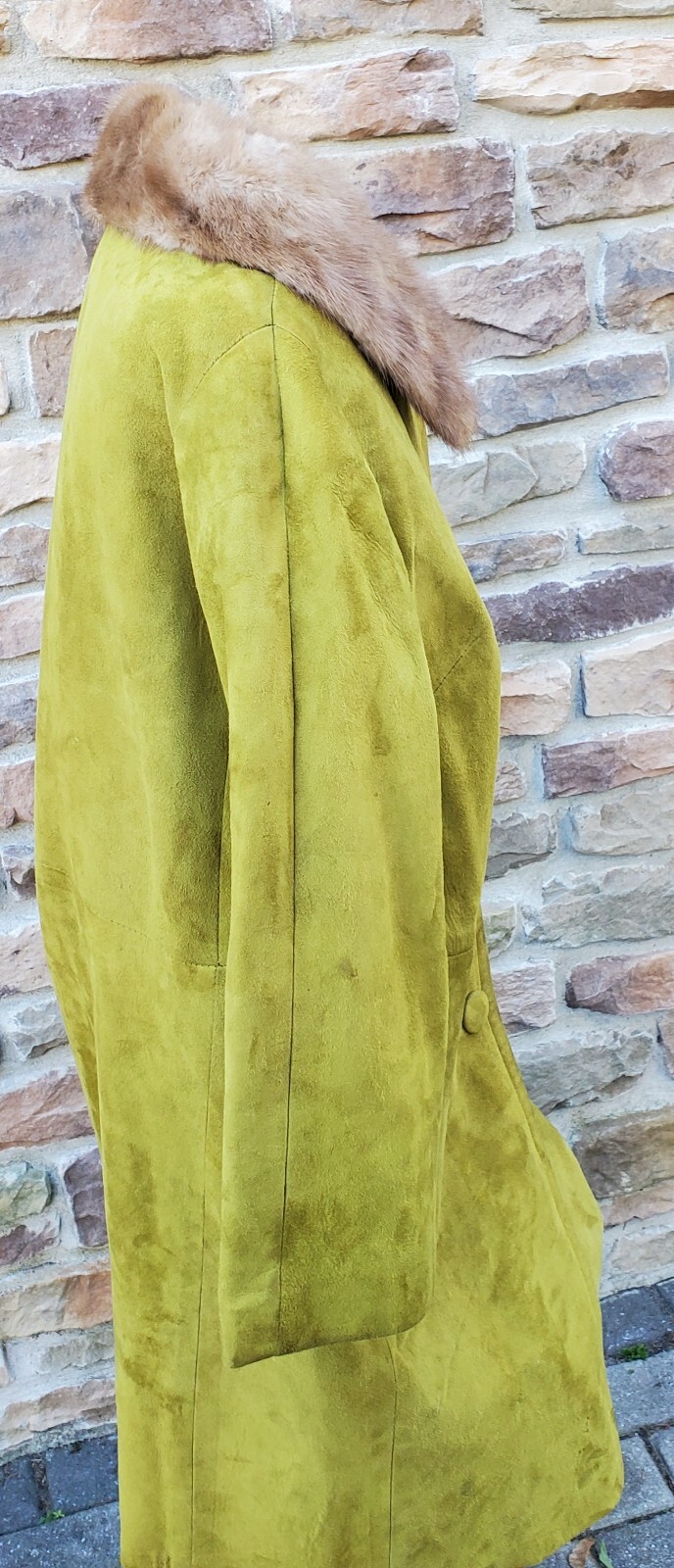 Vtg Suede Leather Coat Jacket With Real Fur Collar 1960s Mod Retro Teal Green S