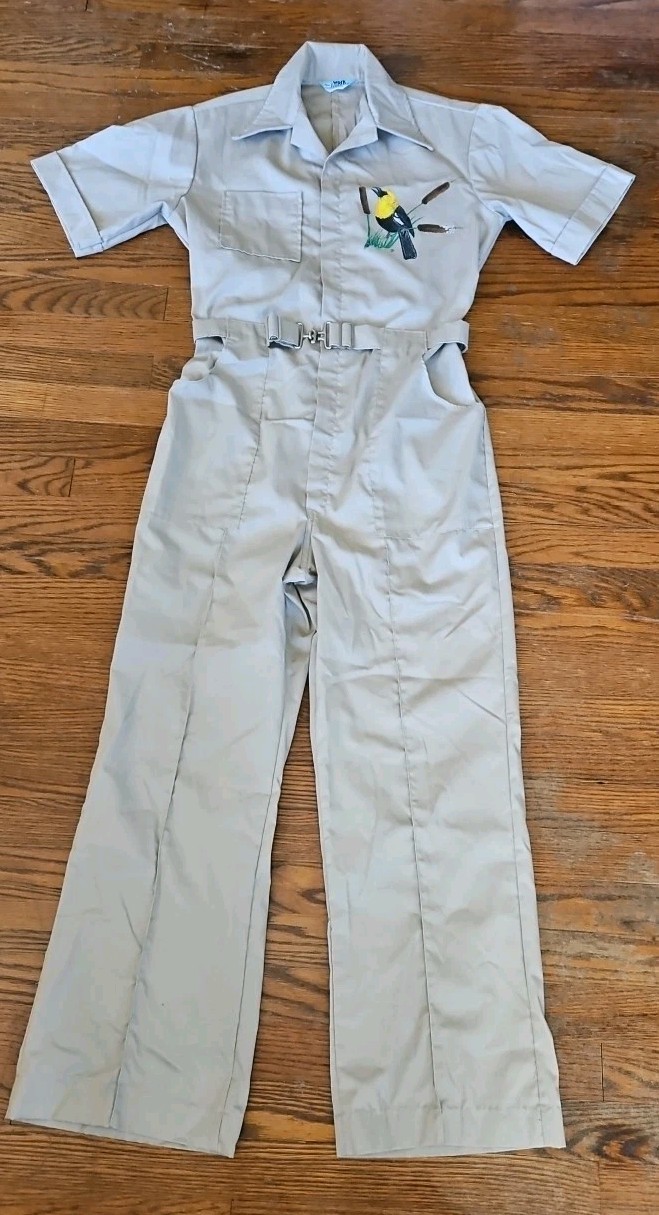 Vtg 70s Sears Work Leisure Beige Jumpsuit Coveralls With Painted Bird 40″ Chest