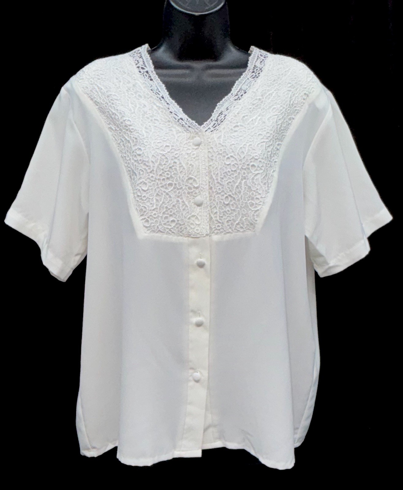Vintage Sellecca Women Size 14 Button Up Short Sleeve Lace V-Neck Blouse Ivory
