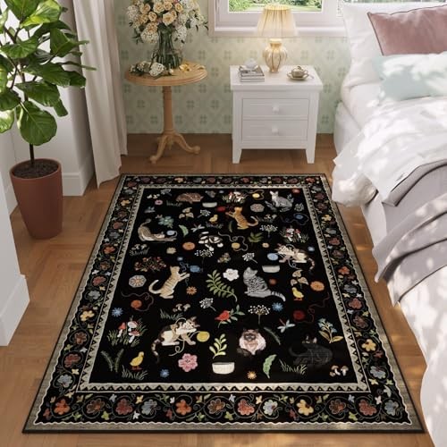 Bedroom Rug 3×5 Rug Washable Area Rug Non Slip Low Pile Boho Floral Animal Cat