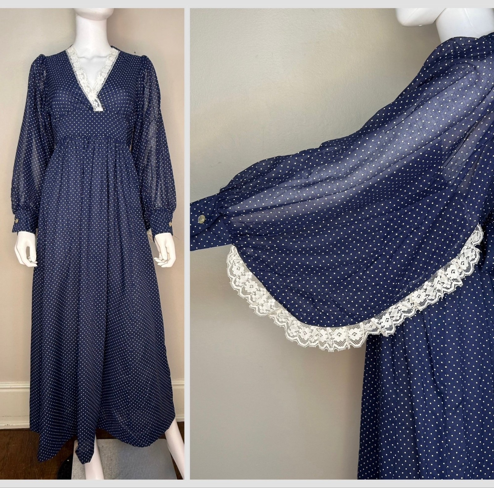 Vintage 1970s Navy Blue Polka Dot Maxi Dress 70s Huge Bishop Sleeves Lace Trim