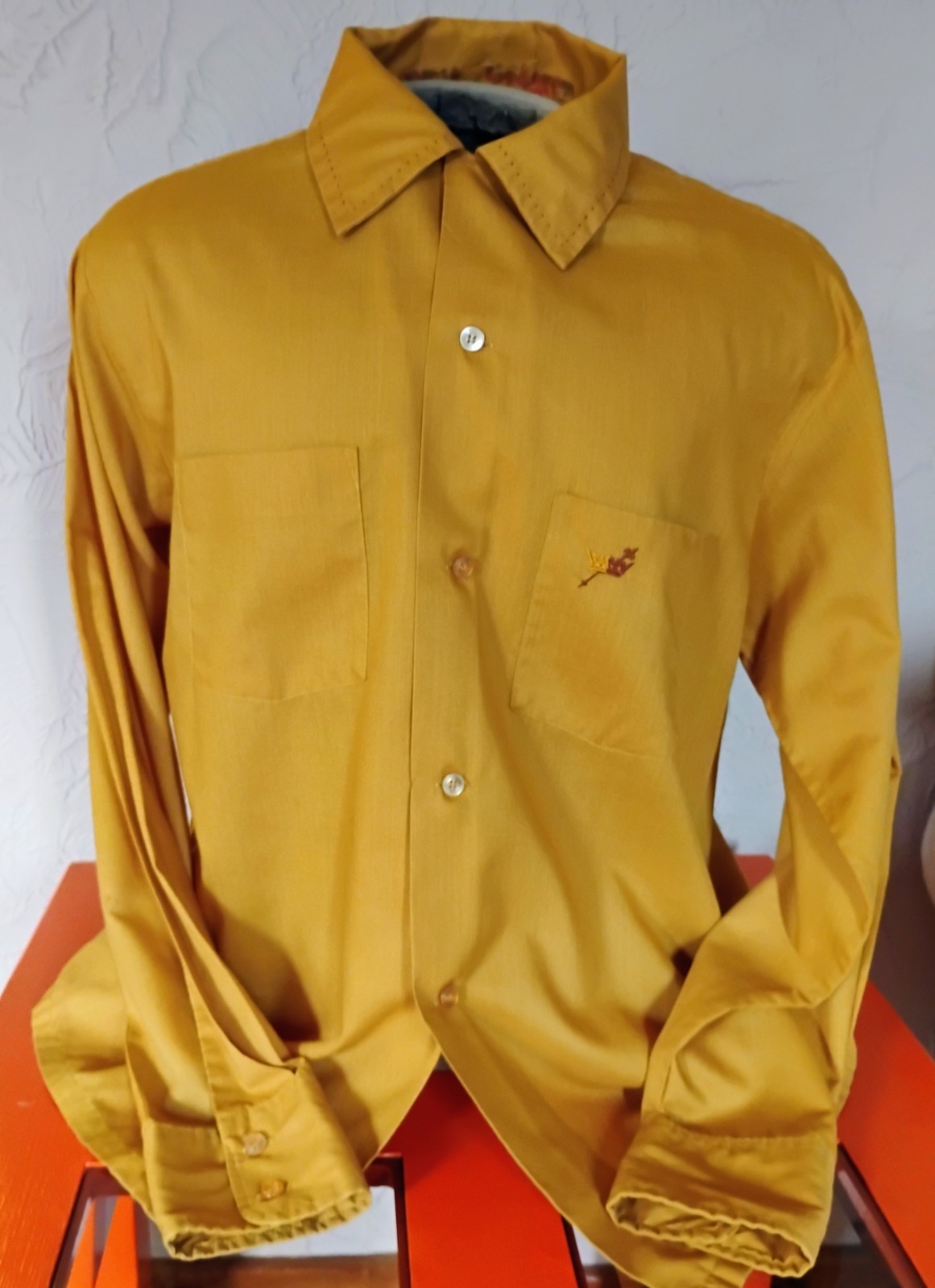 VTG Mad Men CooooL 1950’s Gold Dacron Polyester Cotton Loop Collar L/S Shirt L